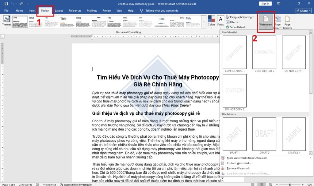 Chèn watermark có sẵn trong Word