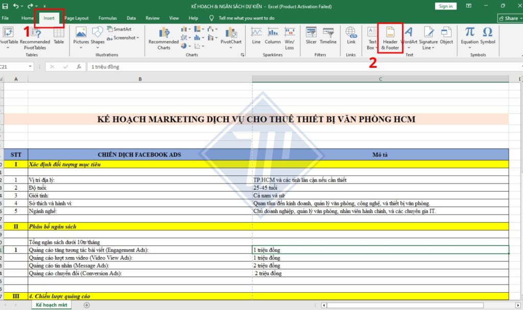 Cách chèn watermark trong Excel