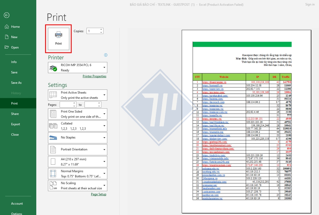 cách chỉnh file excel khi in​