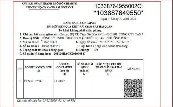 hướng dẫn in bảng kê mã vạch hải quan