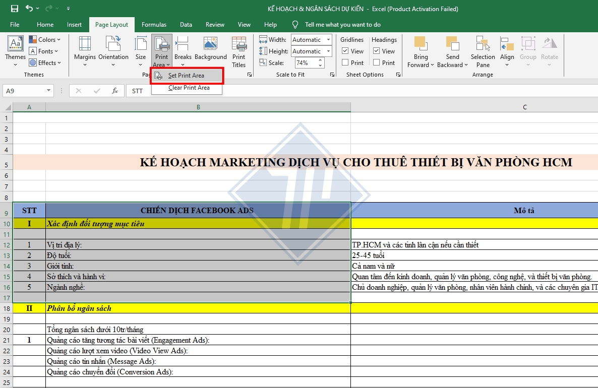 cách chọn vùng in trong excel