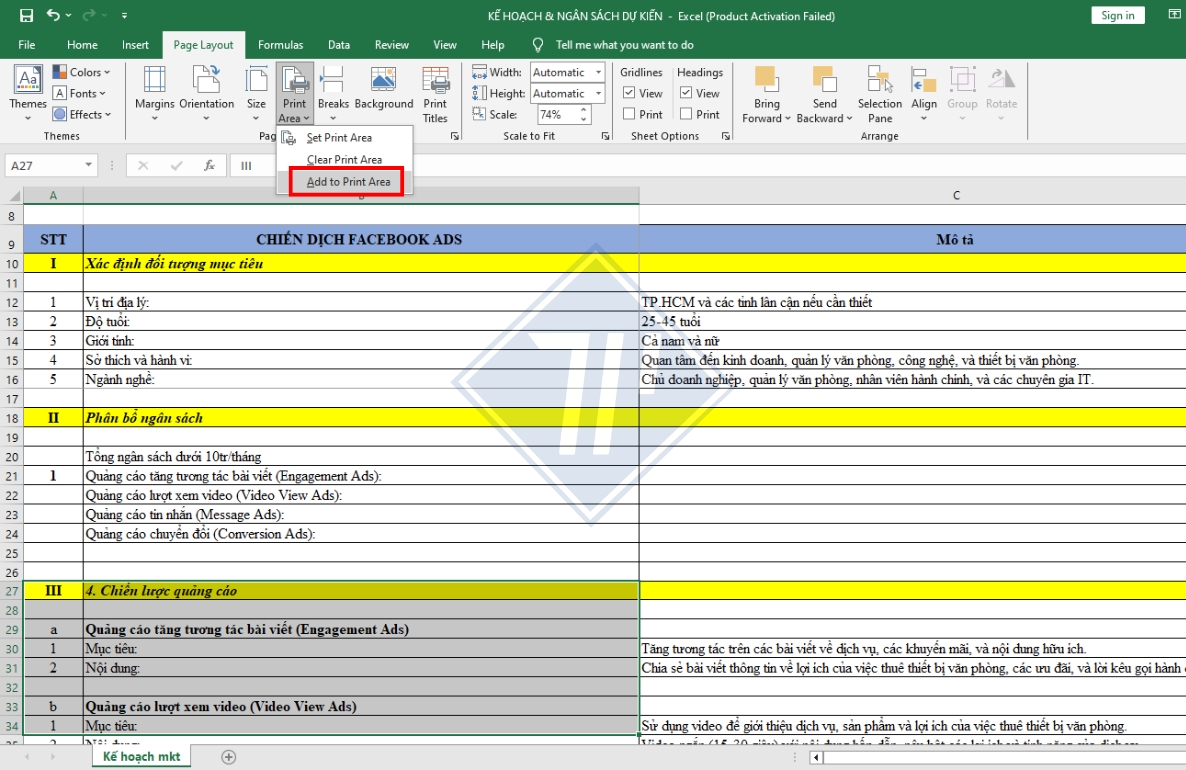 cách bỏ chọn vùng in trong excel