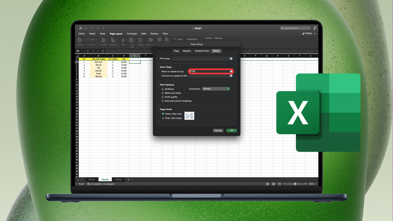 cách in lặp lại tiêu đề trong excel