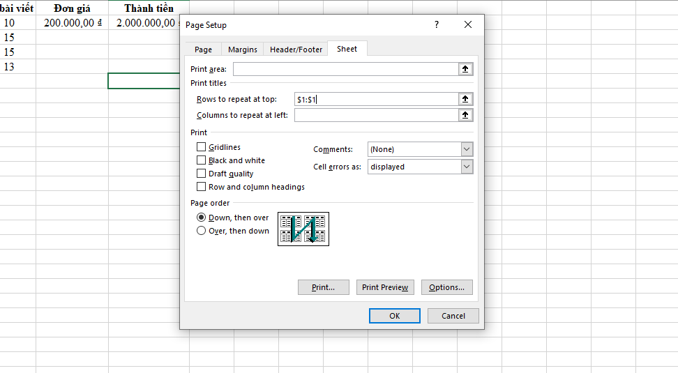 cách in lặp lại tiêu đề trong excel 2010