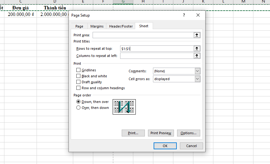 cách lặp lại tiêu đề khi in trong excel