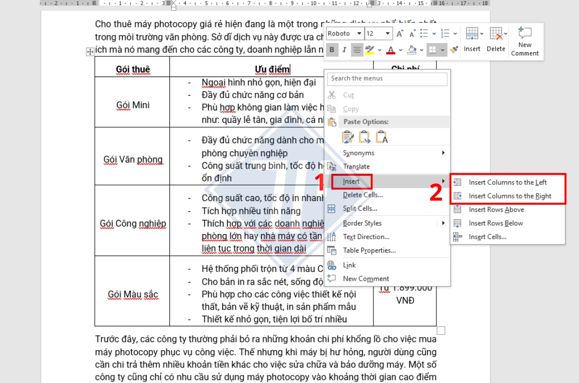 cách thêm cột trong word