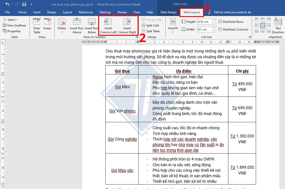cách thêm hàng cột trong word