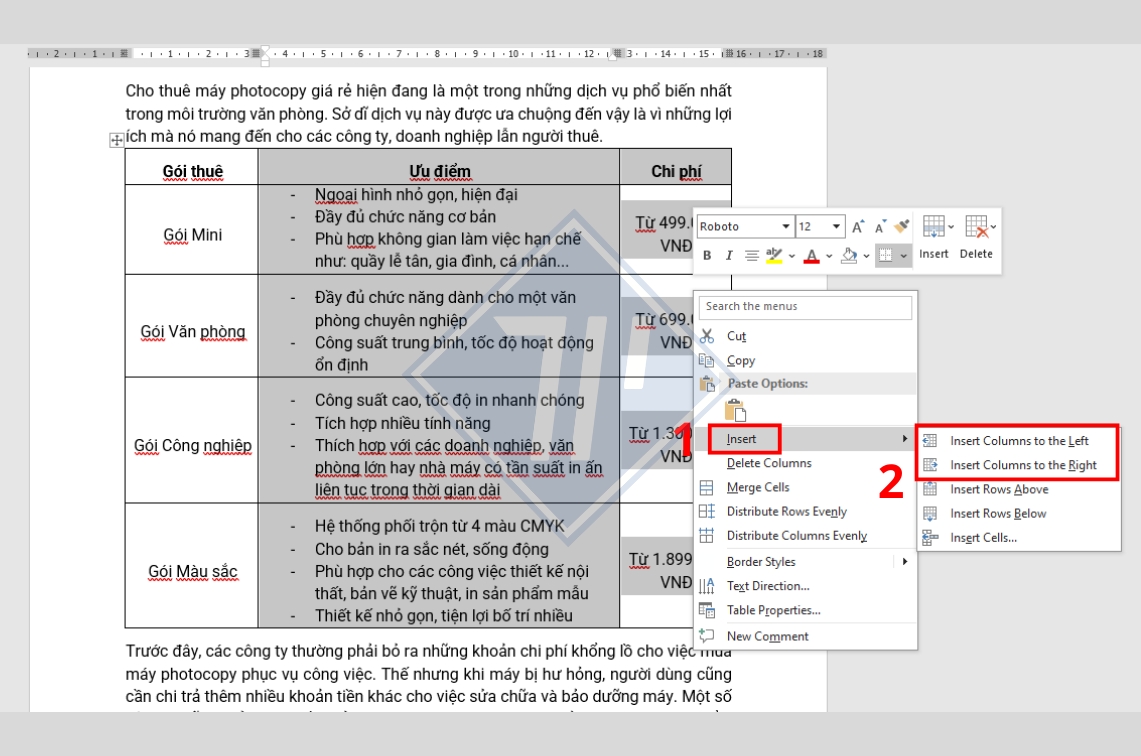 cách chèn thêm cột trong word