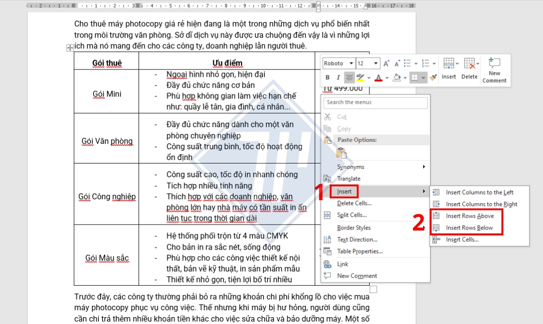 cách thêm hàng cột trong word​