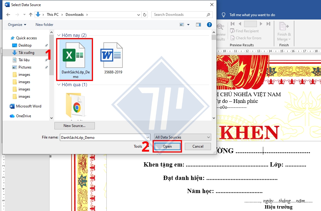 cách in giấy khen hàng loạt trong word​