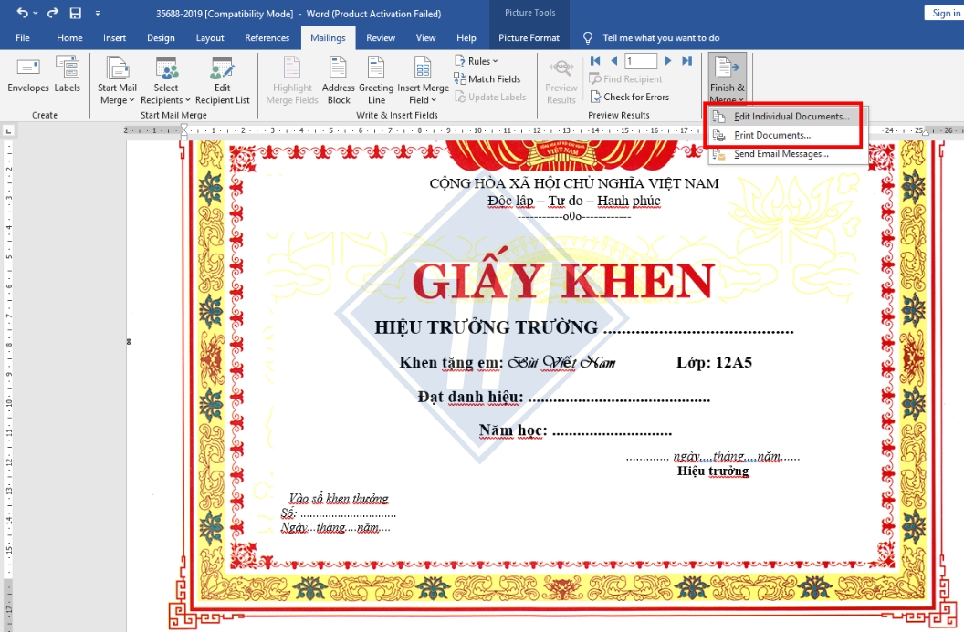 cách in giấy khen có mẫu sẵn​