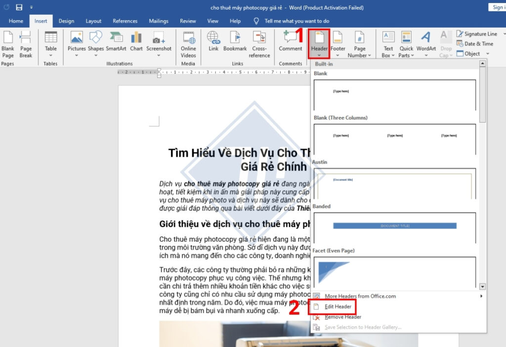 cách tạo header trong word​