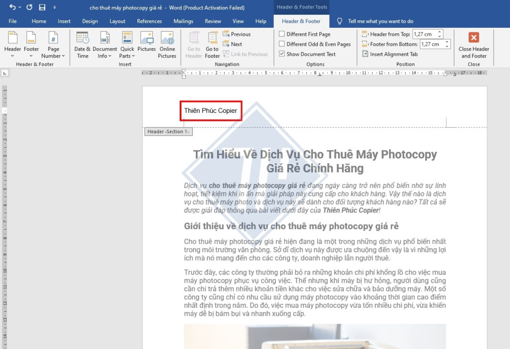 cách tạo header and footer trong word​