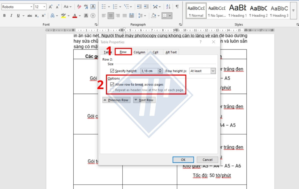 sửa lỗi bảng bị nhảy trang trong word